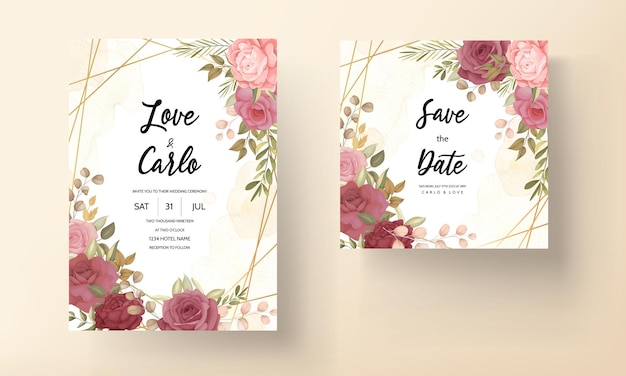 Floral wedding invitation template set with elegant flower and leaves decoration