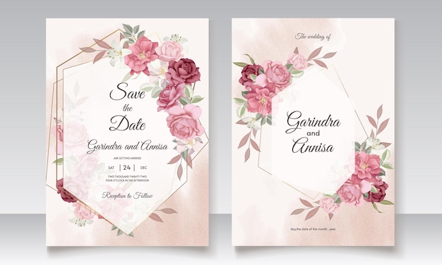 Floral wedding invitation template set with elegant flowers and leaves