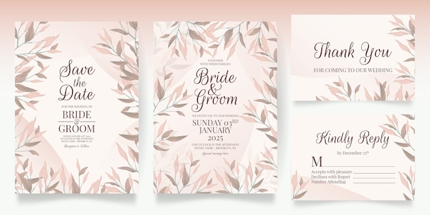 Floral wedding invitation template set with elegant leaves decoration