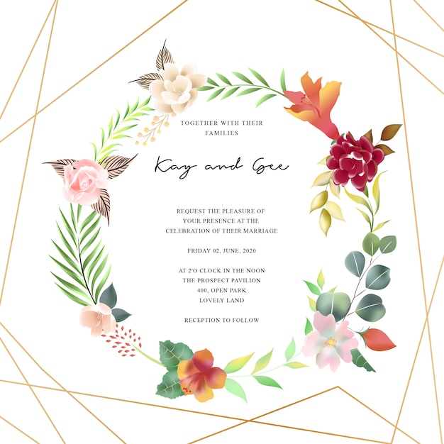 Floral wedding invitation template set with flower bouquet decoration