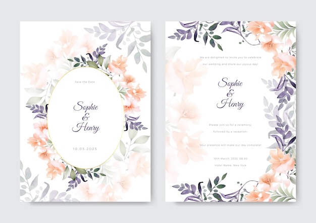 Floral wedding invitation template set with flowers and leaves decoration botanic card design concept