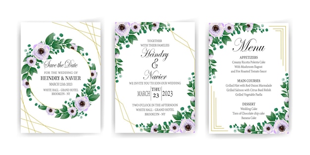 Floral wedding invitation template set with golden and elegance leaves decoration.