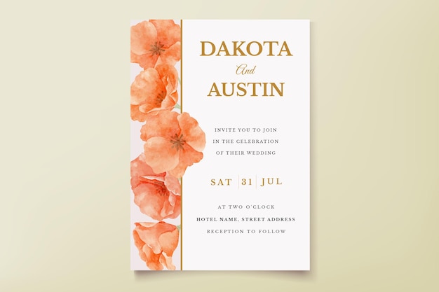 Vector floral wedding invitation template set with poppies flowers decoration