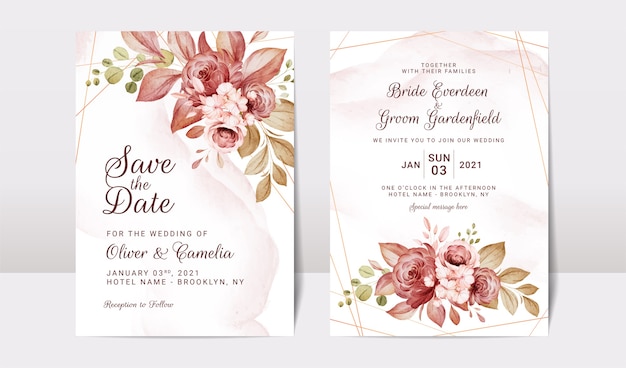 Floral wedding invitation template set with roses flowers and leaves decoration. botanic card design concept