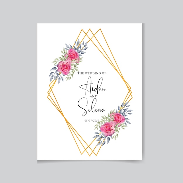 Floral wedding invitation template set with roses flowers and leaves decoration