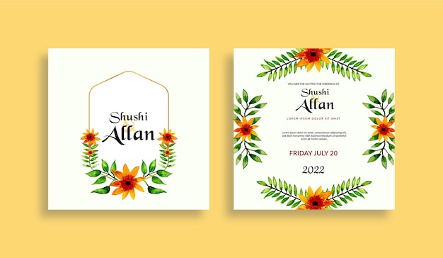 floral wedding invitation template set with watercolor flowers and leaves