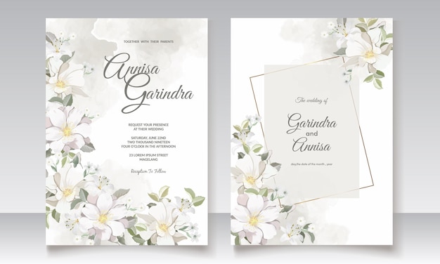 Floral wedding invitation template set with white flower and leaves