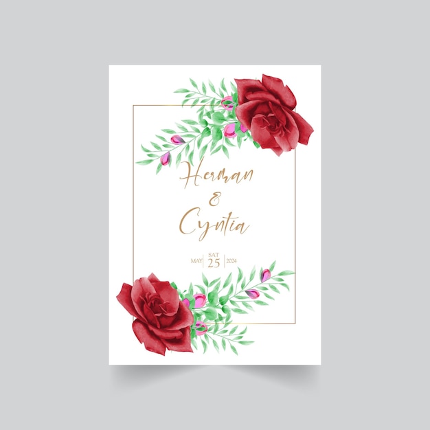 Floral wedding invitation template with beautiful flowers and leaves decoration