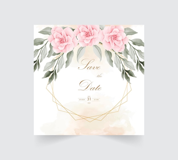 Floral wedding invitation template with beautiful flowers and leaves decoration