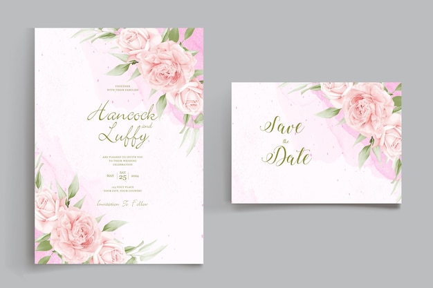 Floral wedding invitation template with beautiful flowers and leaves decoration