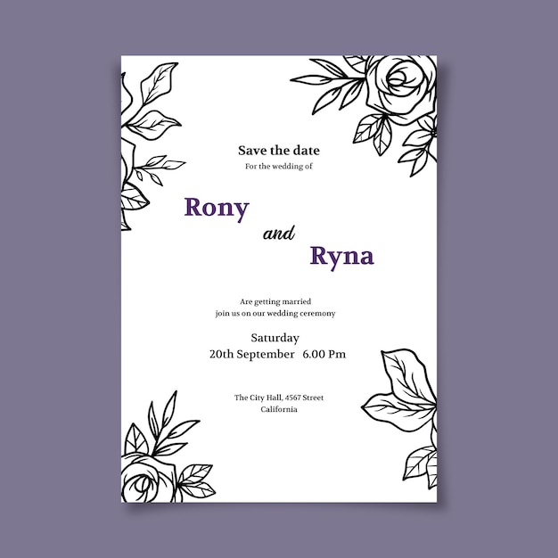 Floral wedding invitation template with organic hand drawn leaves and flowers decoration