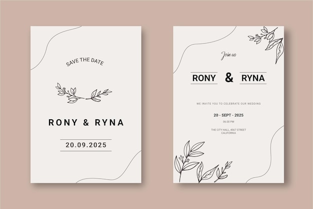 Floral wedding invitation template with organic hand drawn leaves and flowers decoration