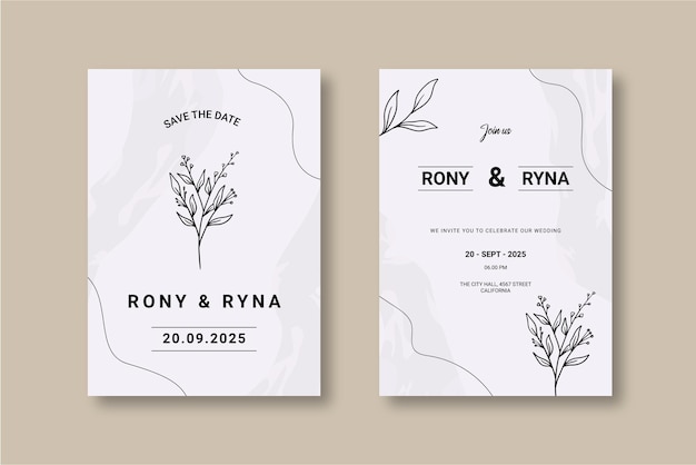 Vector floral wedding invitation template with organic hand drawn leaves and flowers decoration