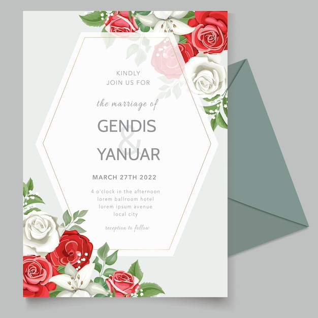 Floral wedding invitation template with red roses flowers and leave
