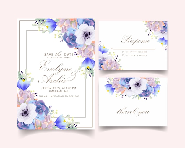 Floral wedding invitation with anemone flower and succulent