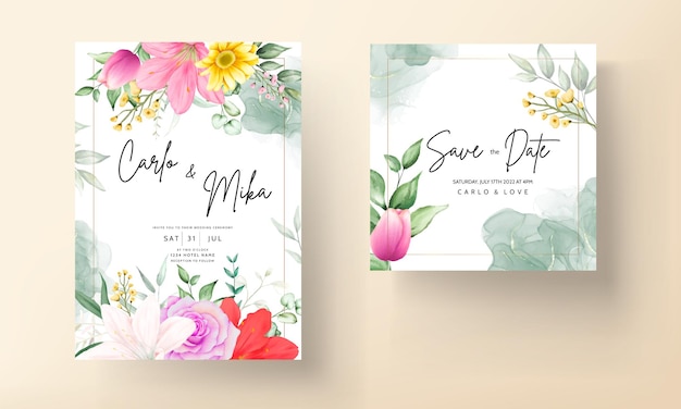 Floral wedding invitation with beautiful colorful flower watercolor