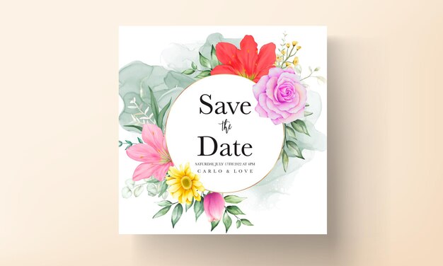 Floral wedding invitation with beautiful colorful flower watercolor