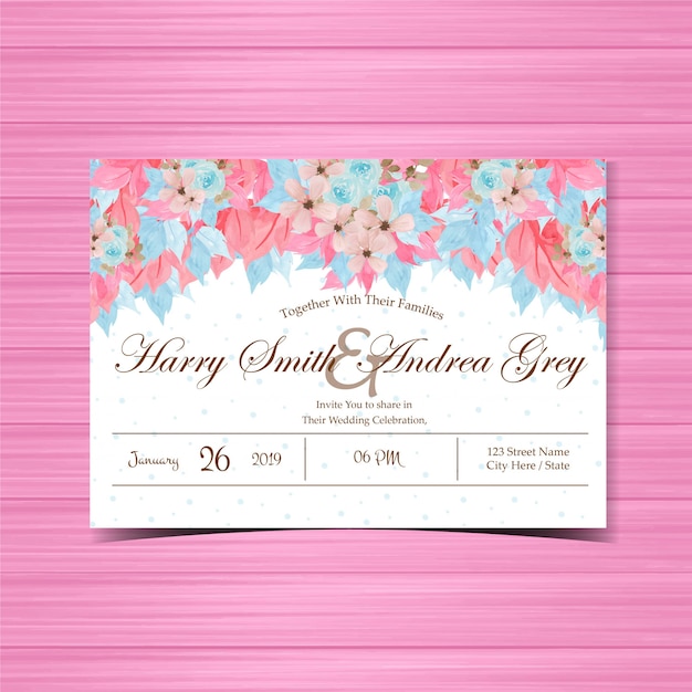 Floral wedding invitation with beautiful hand painted blue roses