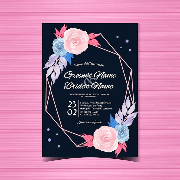 Vector floral wedding invitation with beautiful pink and blue roses