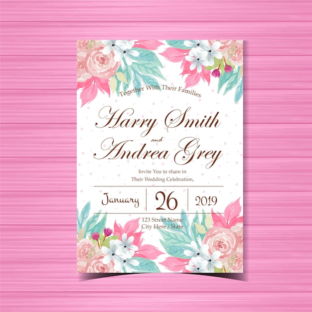 Floral wedding invitation with beautiful pink roses