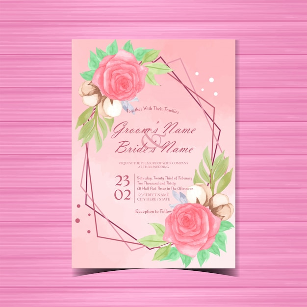 Vector floral wedding invitation with beautiful watercolor red roses