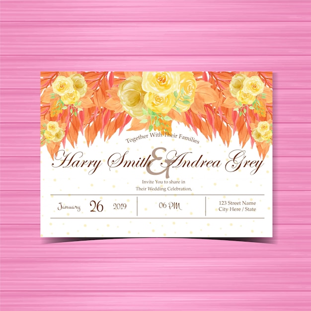 Floral Wedding Invitation with Beautiful Yellow Roses