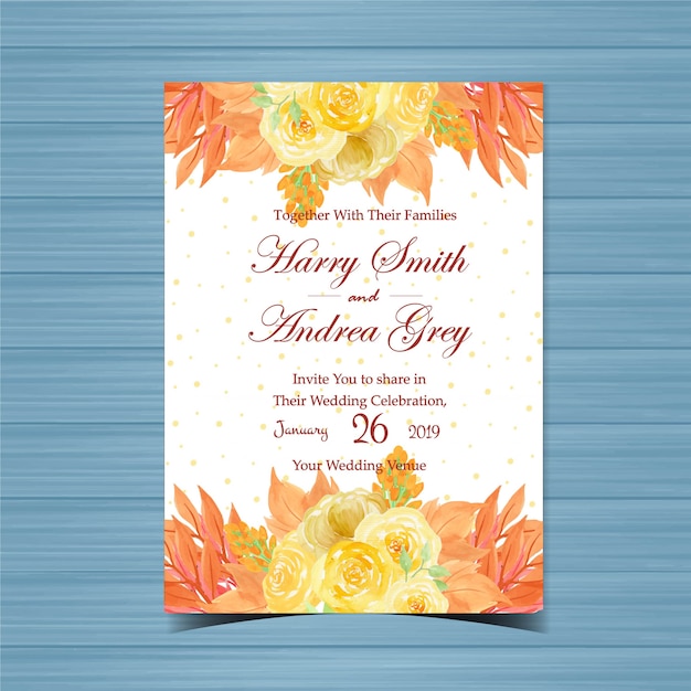 Vector floral wedding invitation with beautiful yellow roses