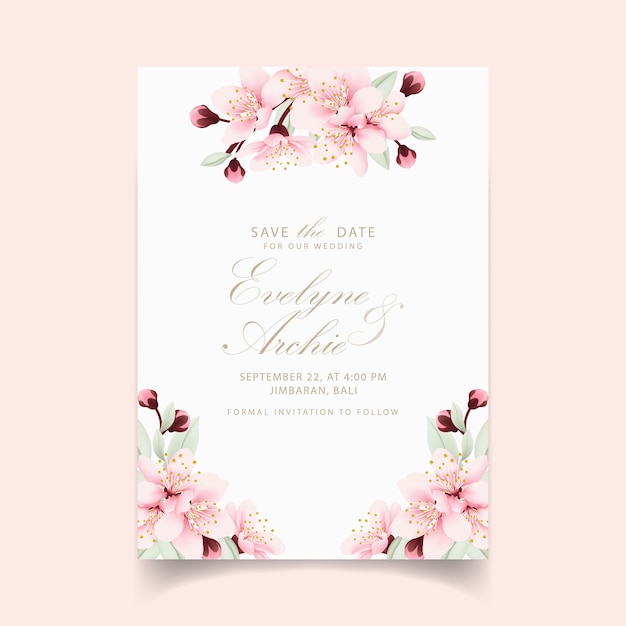 Vector floral wedding invitation with cherry blossoms
