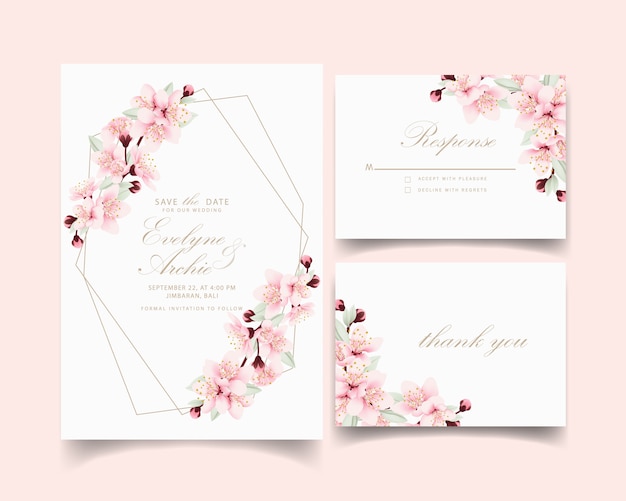 Vector floral wedding invitation with cherry blossoms