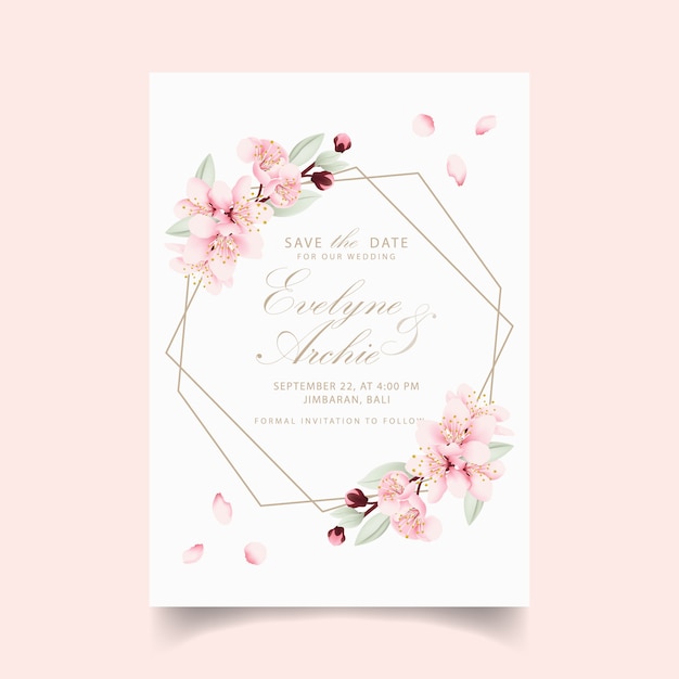 Vector floral wedding invitation with cherry blossoms