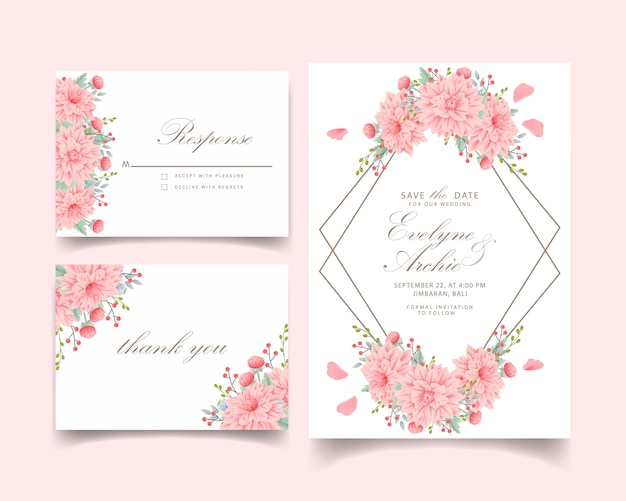 ダリアの花と花の結婚式の招待状