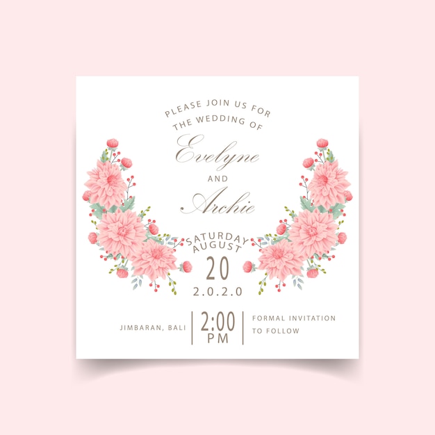 floral wedding invitation with dahlia flower 