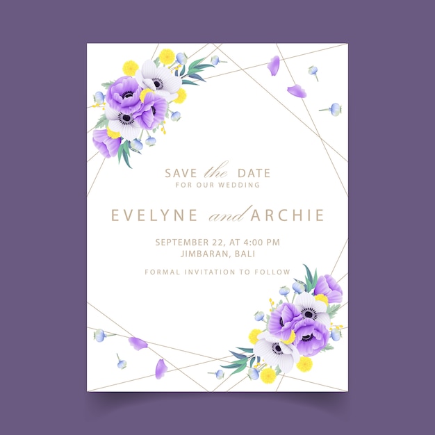 Floral wedding invitation with eucalyptus, poppy, anemone  and craspedia flower