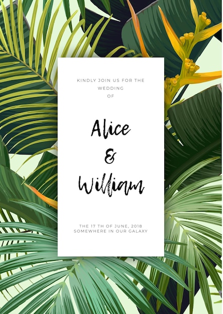 Floral wedding invitation with guzmania flowers monstera and royal palm leaves Exotic hawaiian vector background