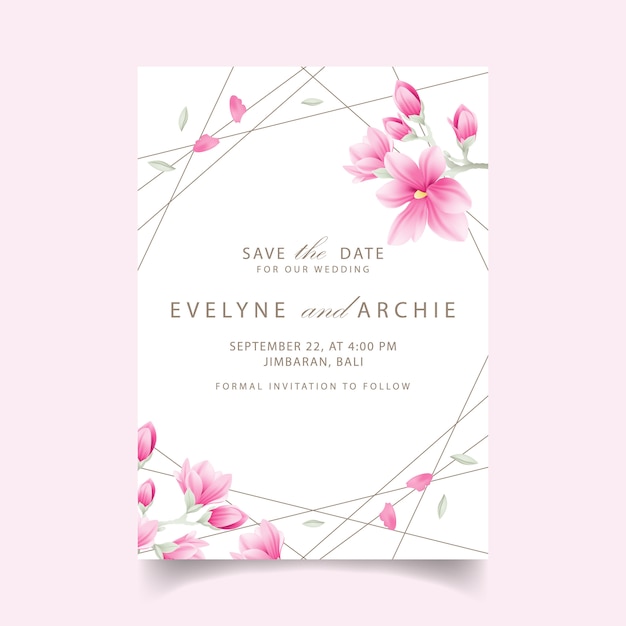 Floral wedding invitation with magnolia flowers