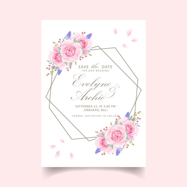 свадебное приглашение с розовой розой и цветком мускари