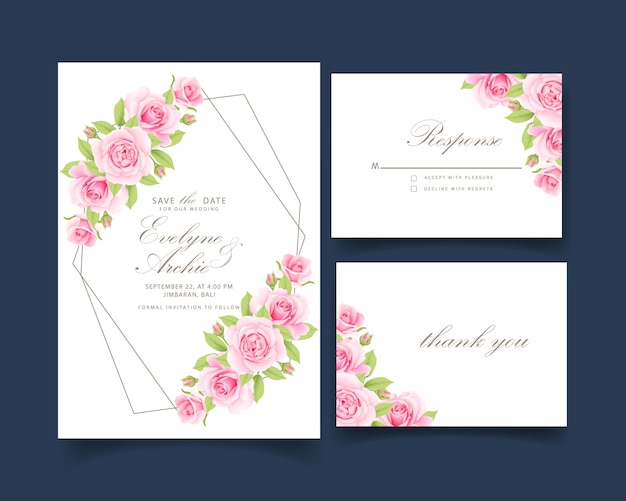 ピンクのバラと花の結婚式の招待状