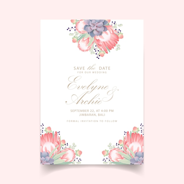 Floral wedding invitation with protea flower and succulent