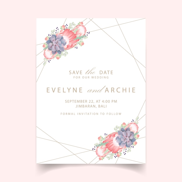 Floral wedding invitation with protea flower and succulent