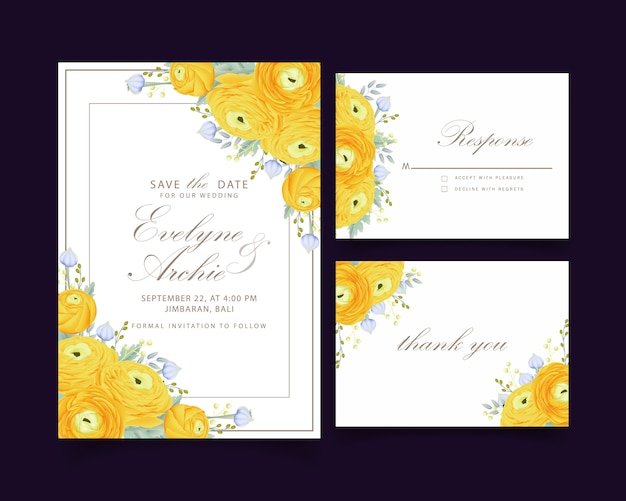 Vector floral wedding invitation with ranunculus flower