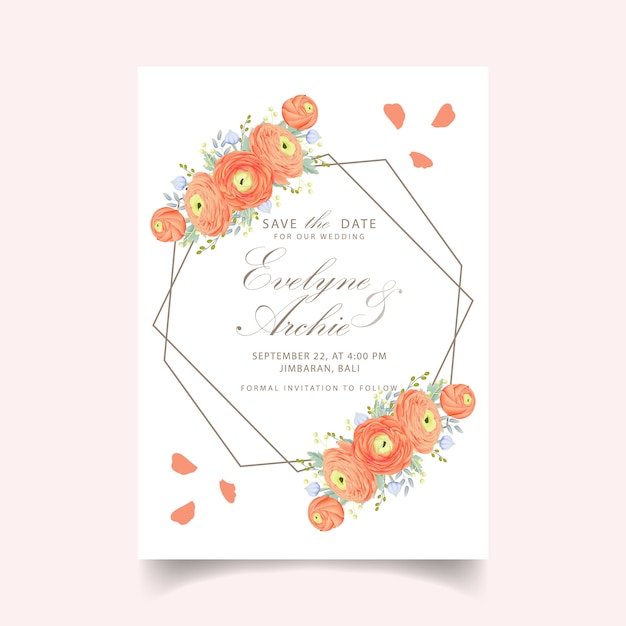 floral wedding invitation with ranunculus flower 