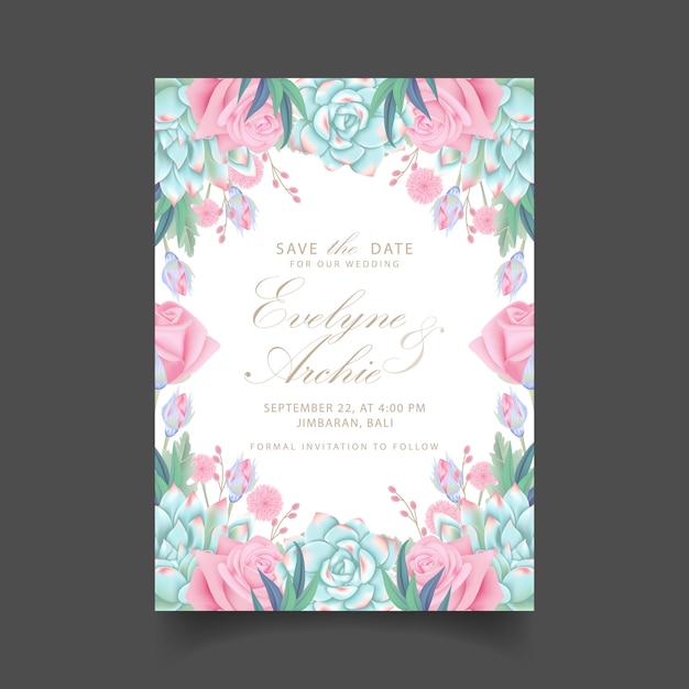 Floral wedding invitation with roses flower and succulent