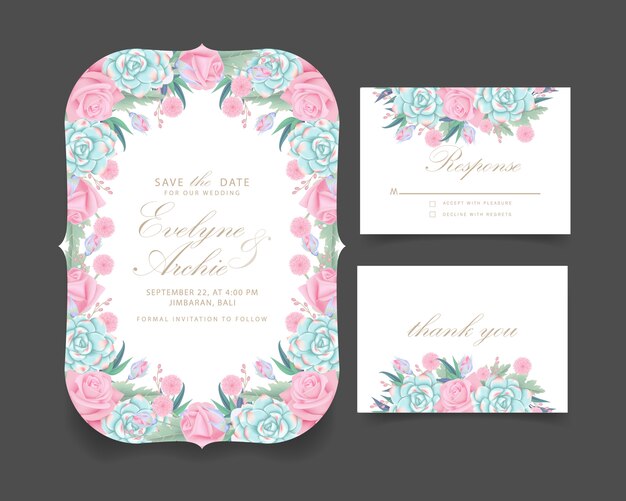 Floral wedding invitation with roses flower and succulent