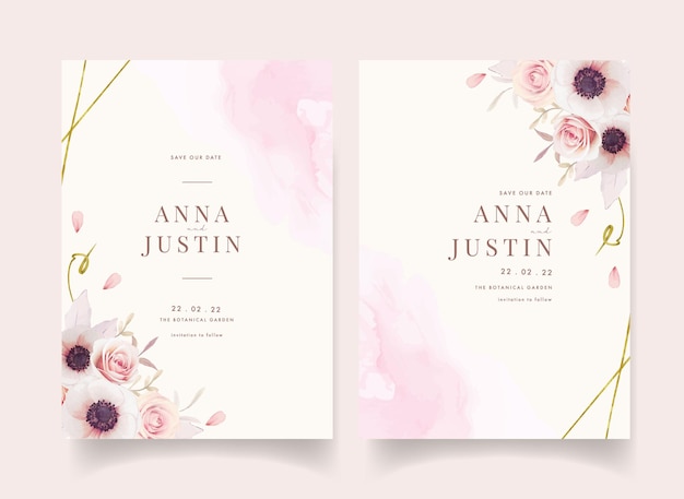 Floral wedding invitation with watercolor pink roses and anemones flower