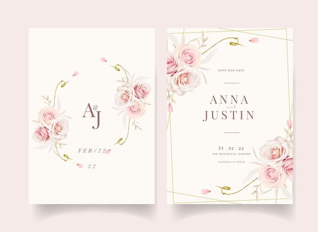 水彩ピンクのバラと花の結婚式の招待状