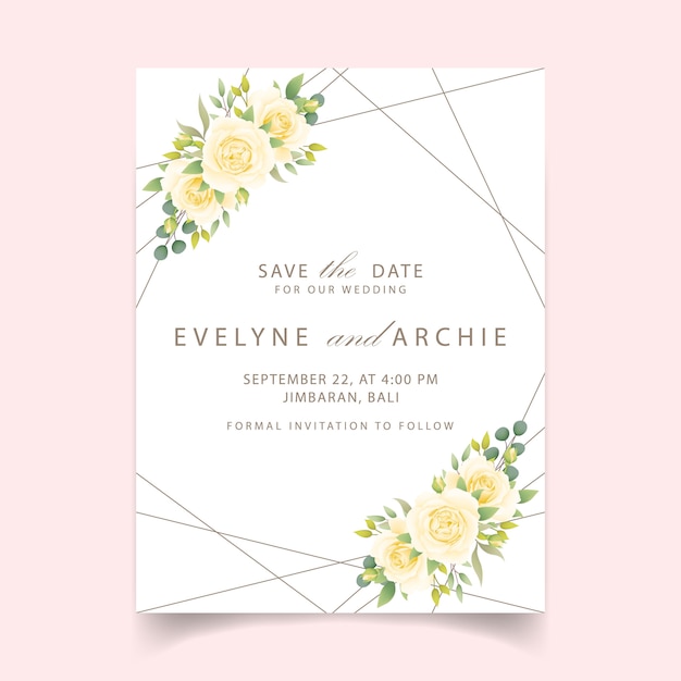 floral wedding invitation with white rose  