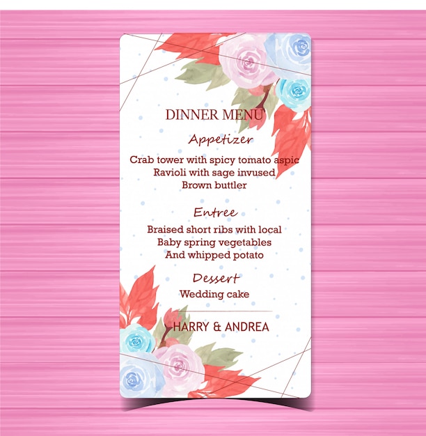 Vector floral wedding menu card with beautiful blue and pink roses