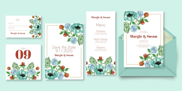 Floral wedding stationery in blue shades