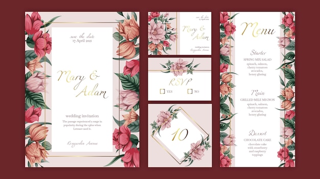 Vector floral wedding stationery collection template