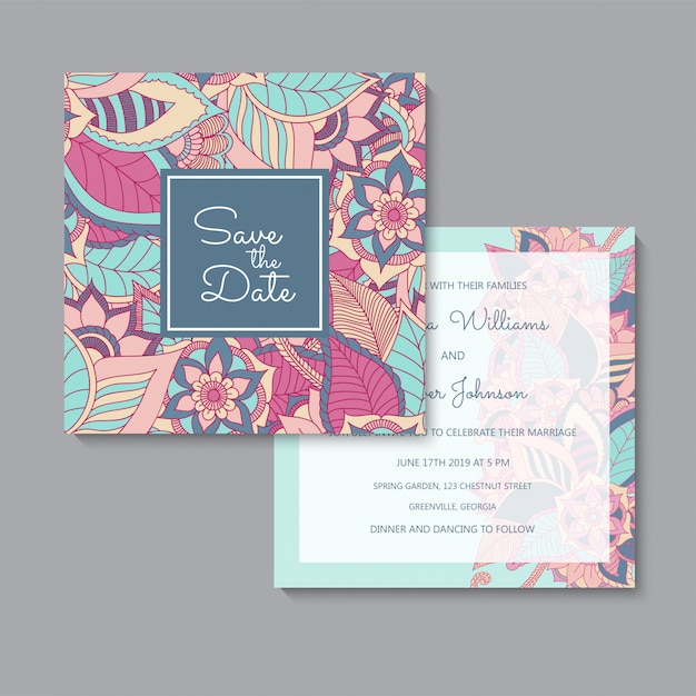 花の結婚式テンプレートピンクとブルーの花カードセット